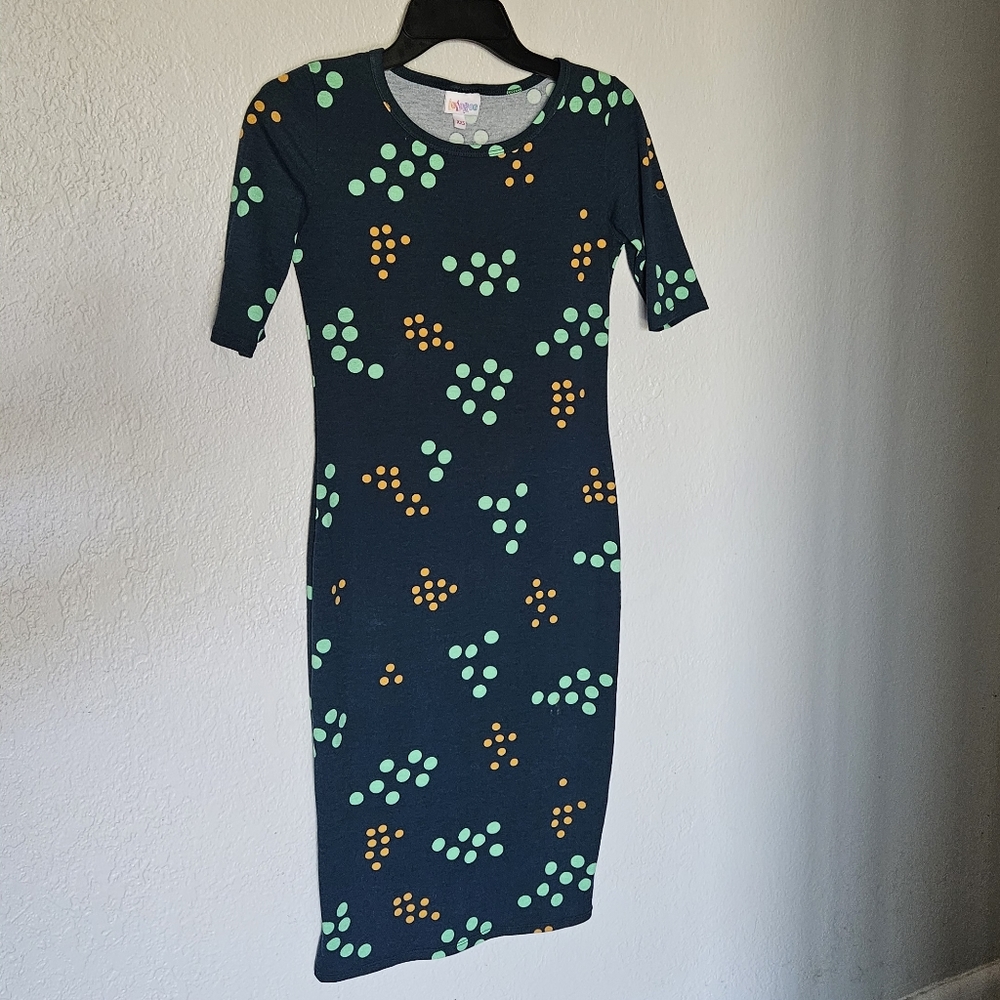 LuLaRoe Navy Dress with Green and Orange Dots